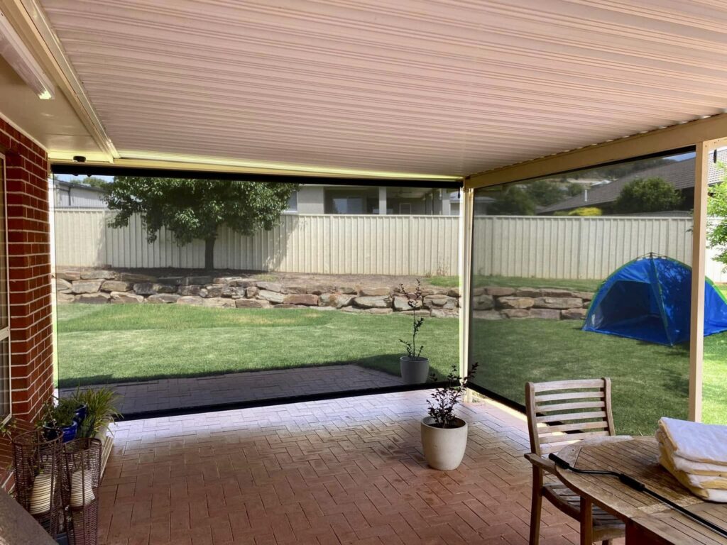 Straight drop awning shading a patio